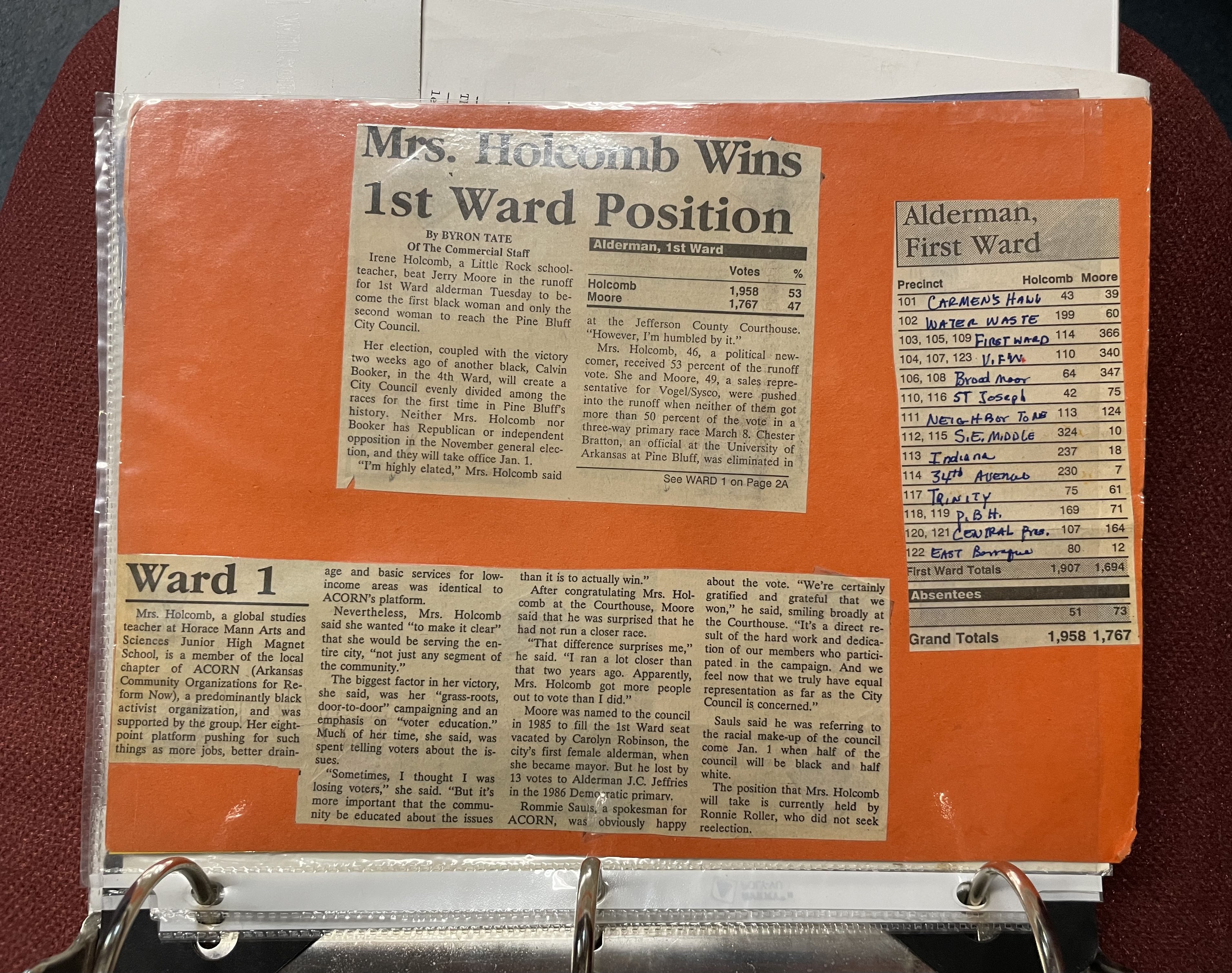 Photograph of newspaper clippings about Irene Holcomb’s win as Pine Bluff’s First Ward Alderman.