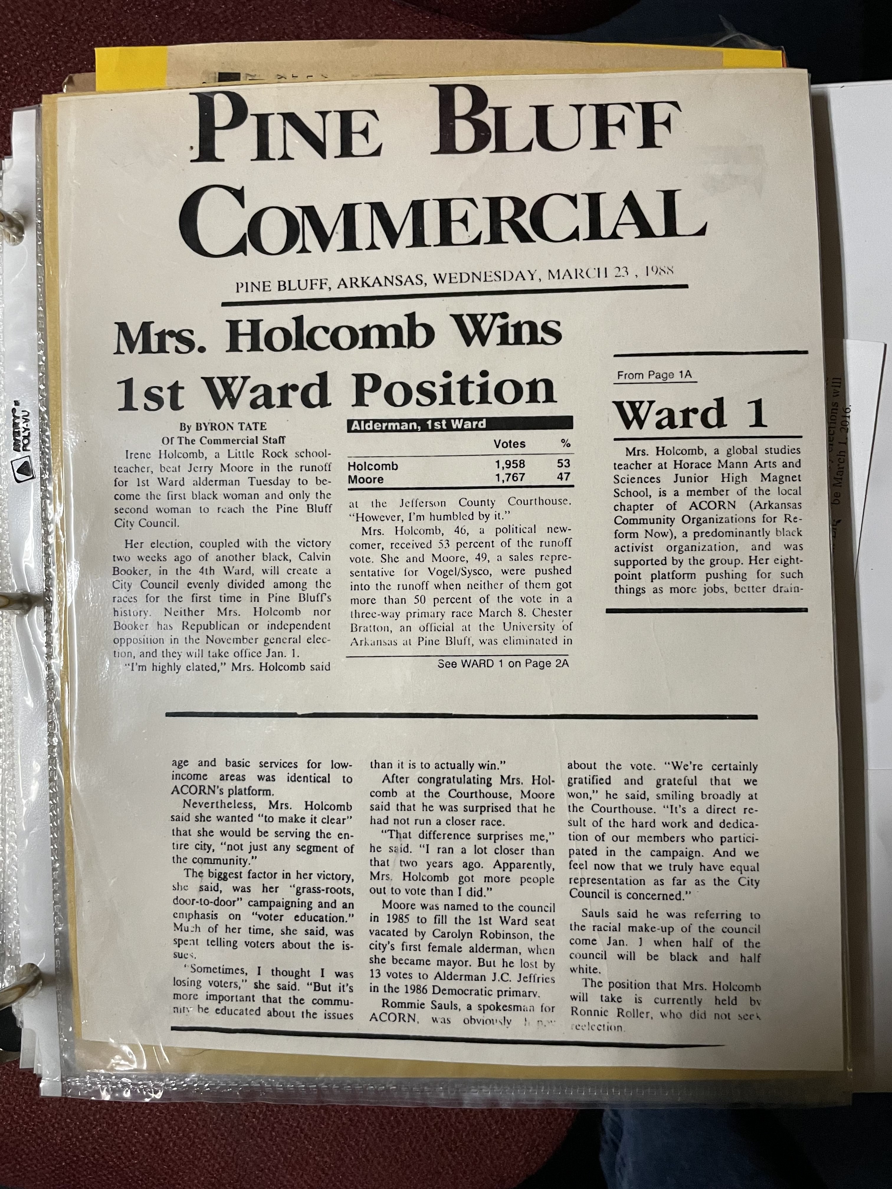 Photograph of an article from the Pine Bluff Commerical about Irene Holcomb’s win as Pine Bluff’s First Ward Alderman.