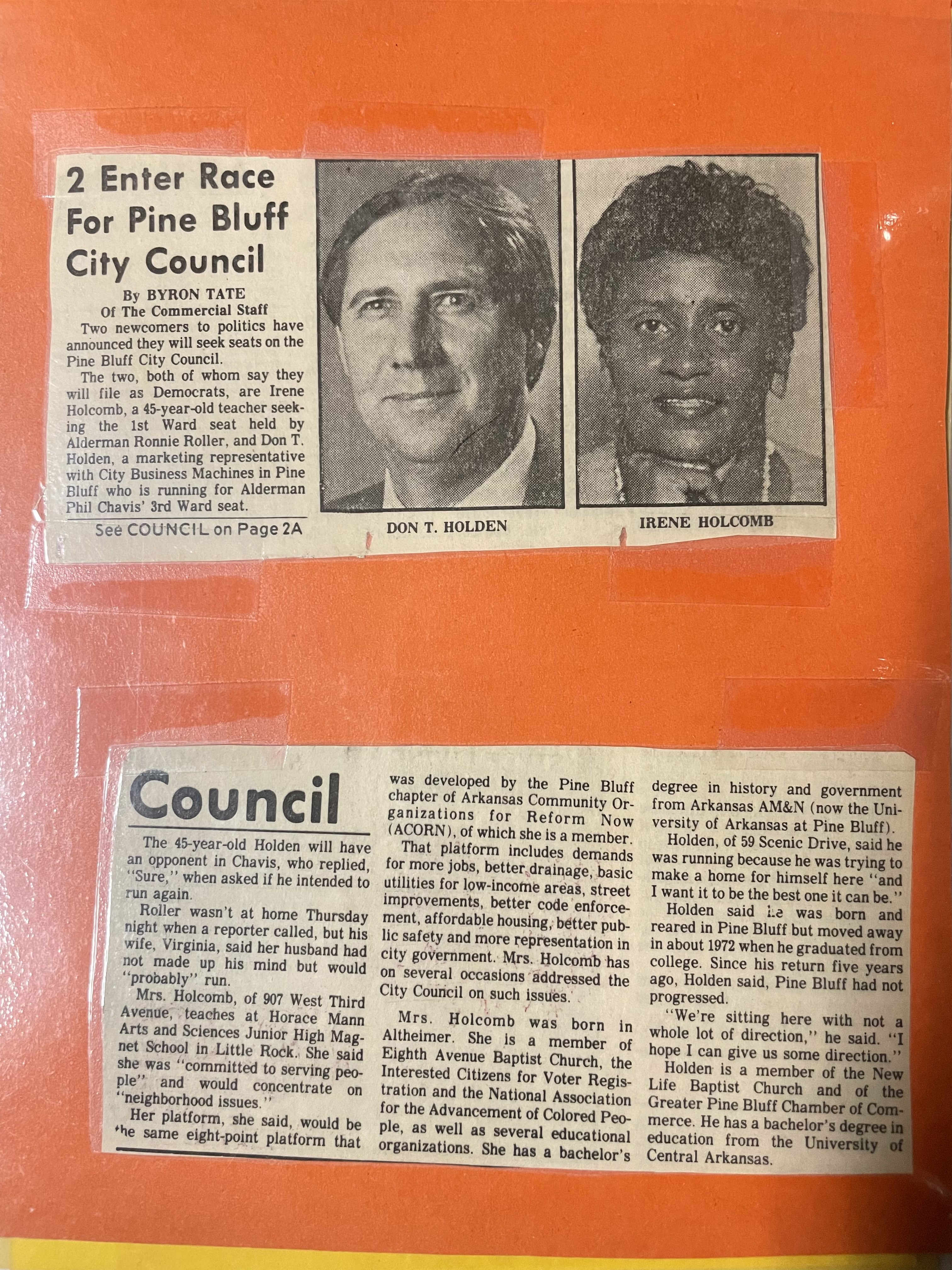 Newspaper clippings from an article in the Pine Bluff Commerical about two candidates for the 1st ward city council seat, Irene Holcomb and Don T. Holden.