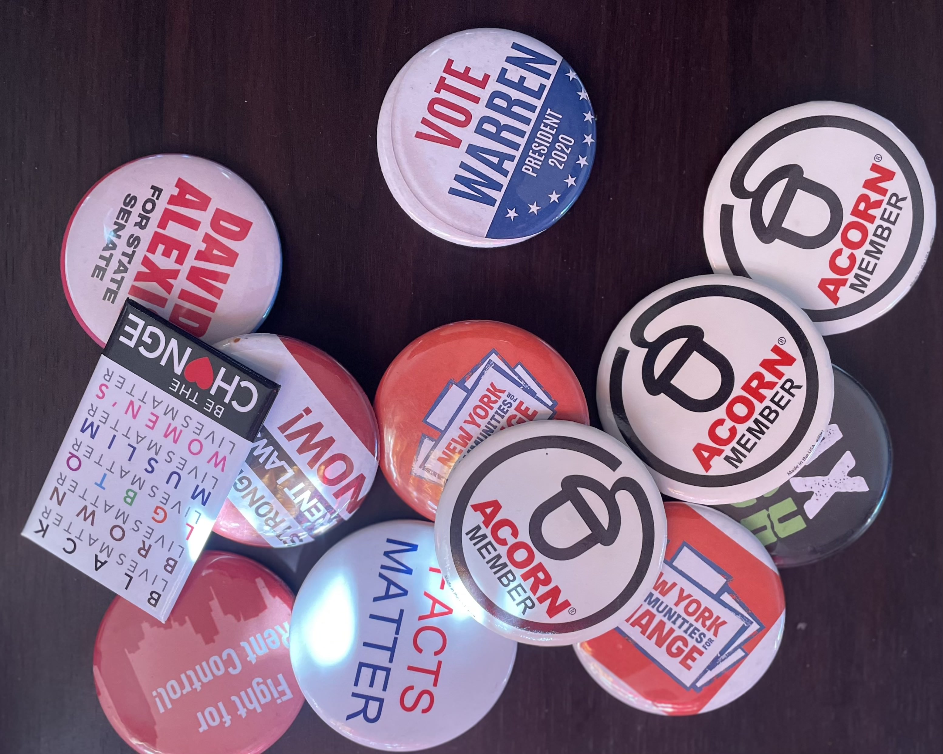 Photograph of political pins, including ACORN member pins.