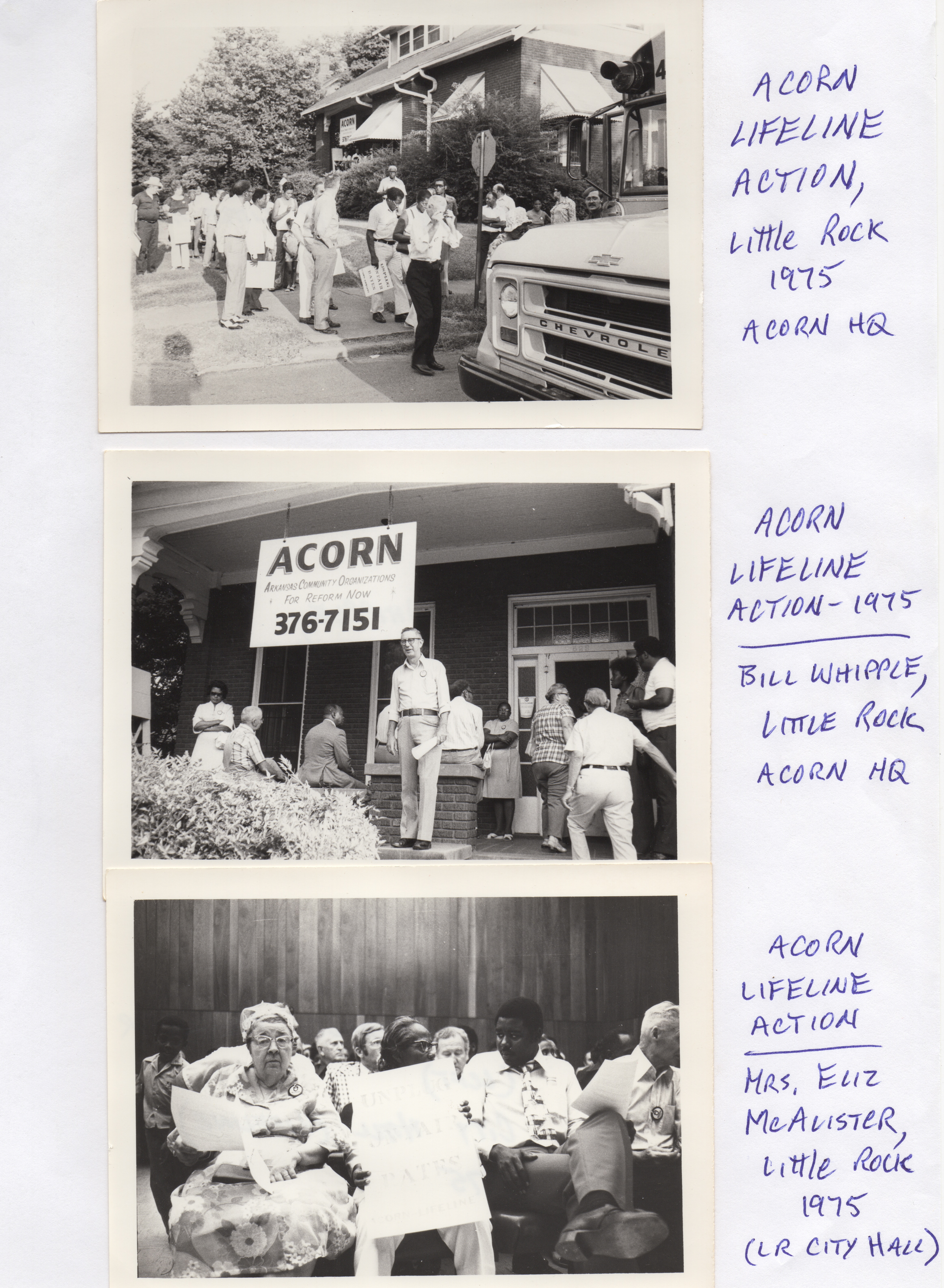 A series of three photos from the ACORN Lifeline action in Little Rock, Arkansas, 1975.