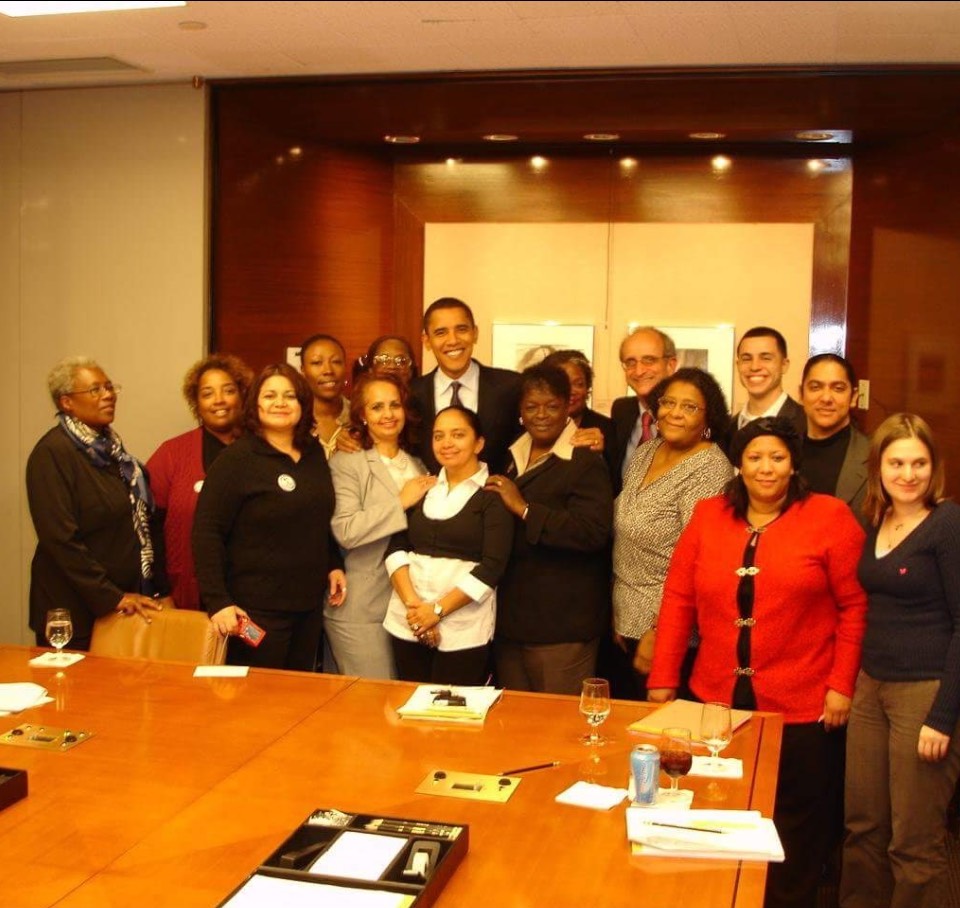 Photograph of an ACORN delegation team with Senator Obama, who they interviewed and choose as their candidate.