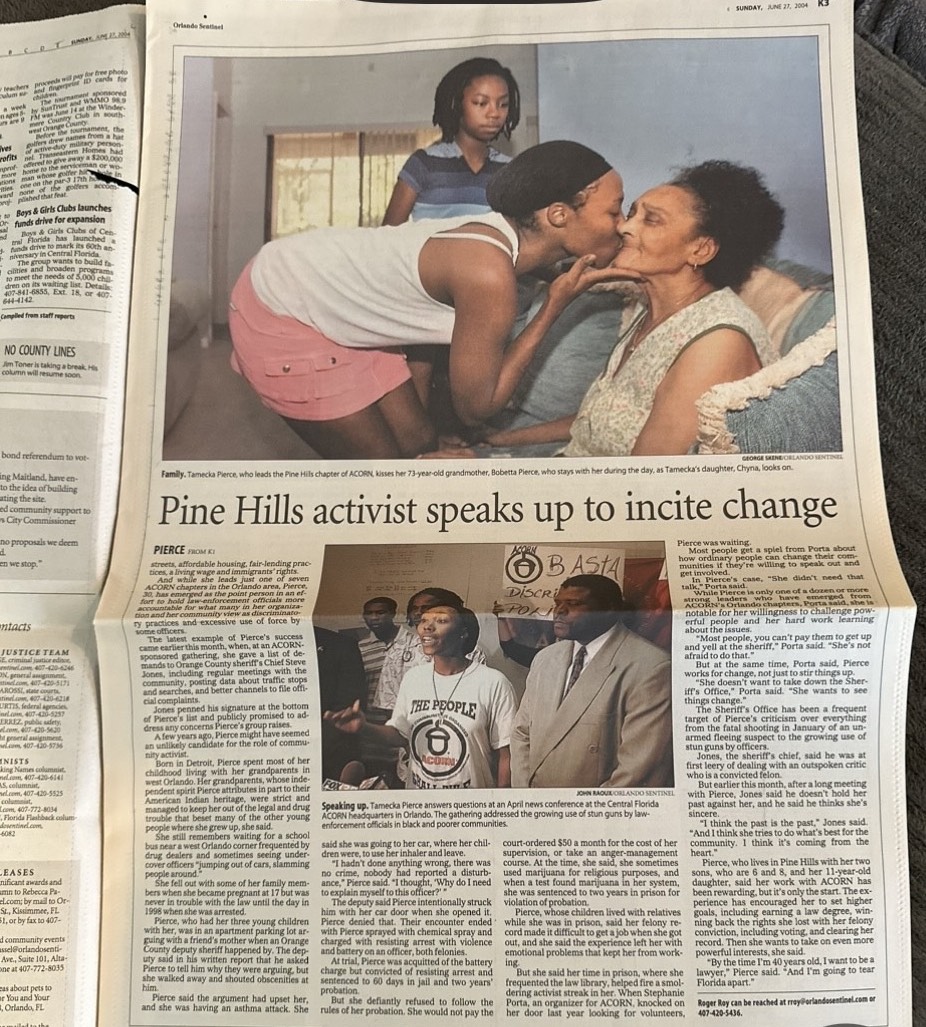 Photograph of an Orlando Sentinel article from June 27, 2004 about ACORN’s racial profiling police misconduct campaign in Florida, featuring ACORN member/leader Tameka Pierce.