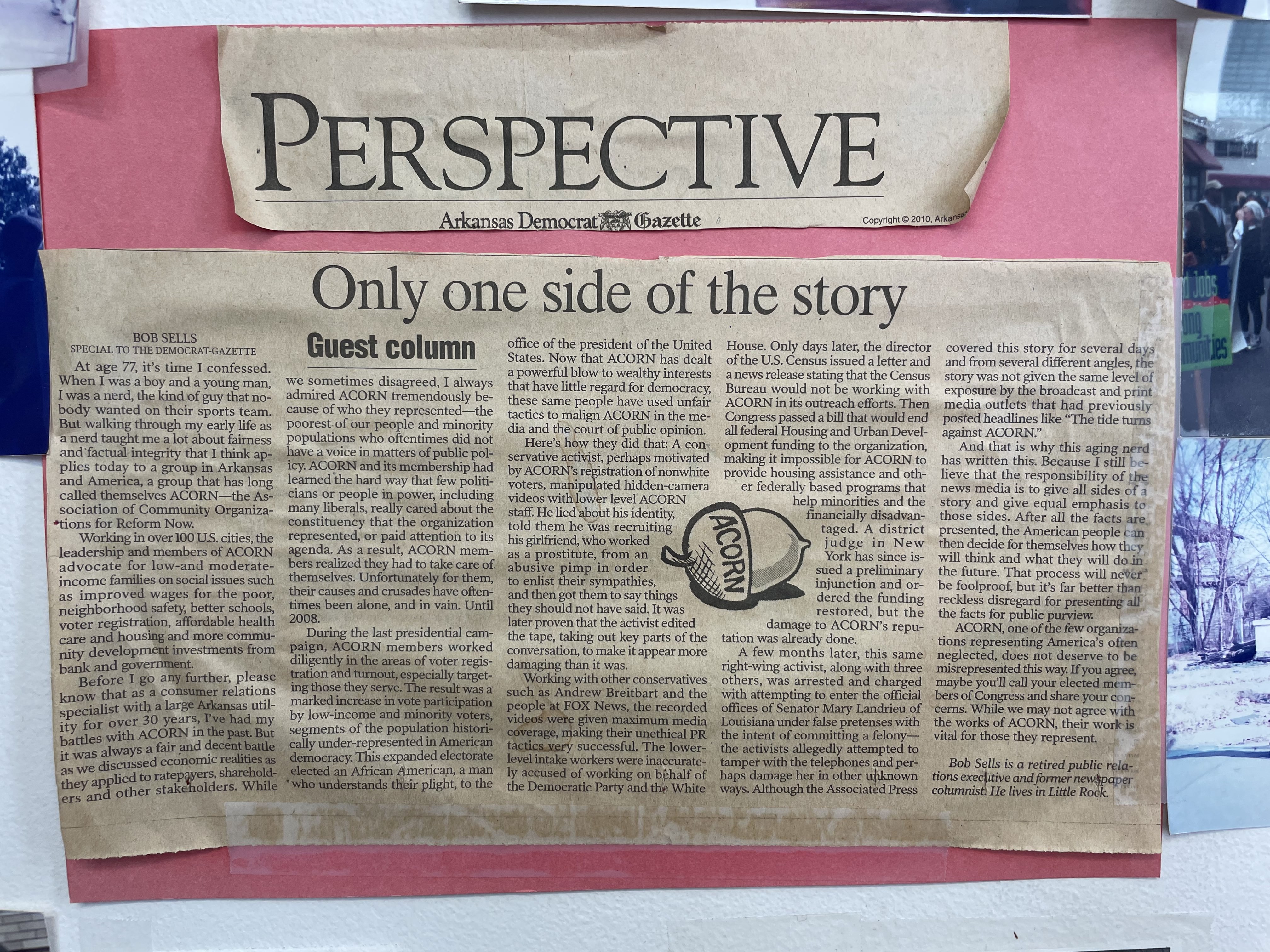 Photograph of a 2010 Op-Ed in the Arkansas Democrat Gazette in support of ACORN amidst right-wing attacks.