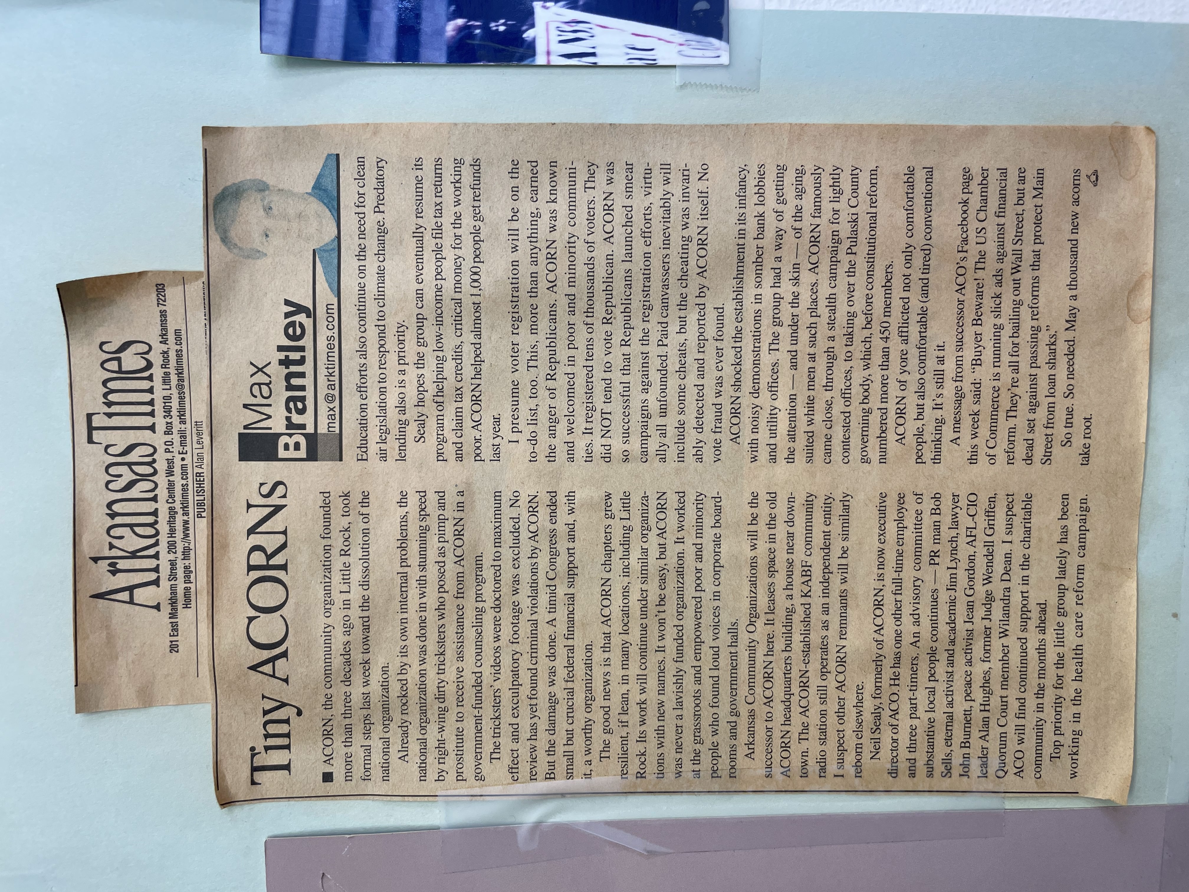 Photograph of an Arkansas Times article about the founding of successor organization Arkansas Cummunity Organizations (ACO) after the dissolution of ACORN.