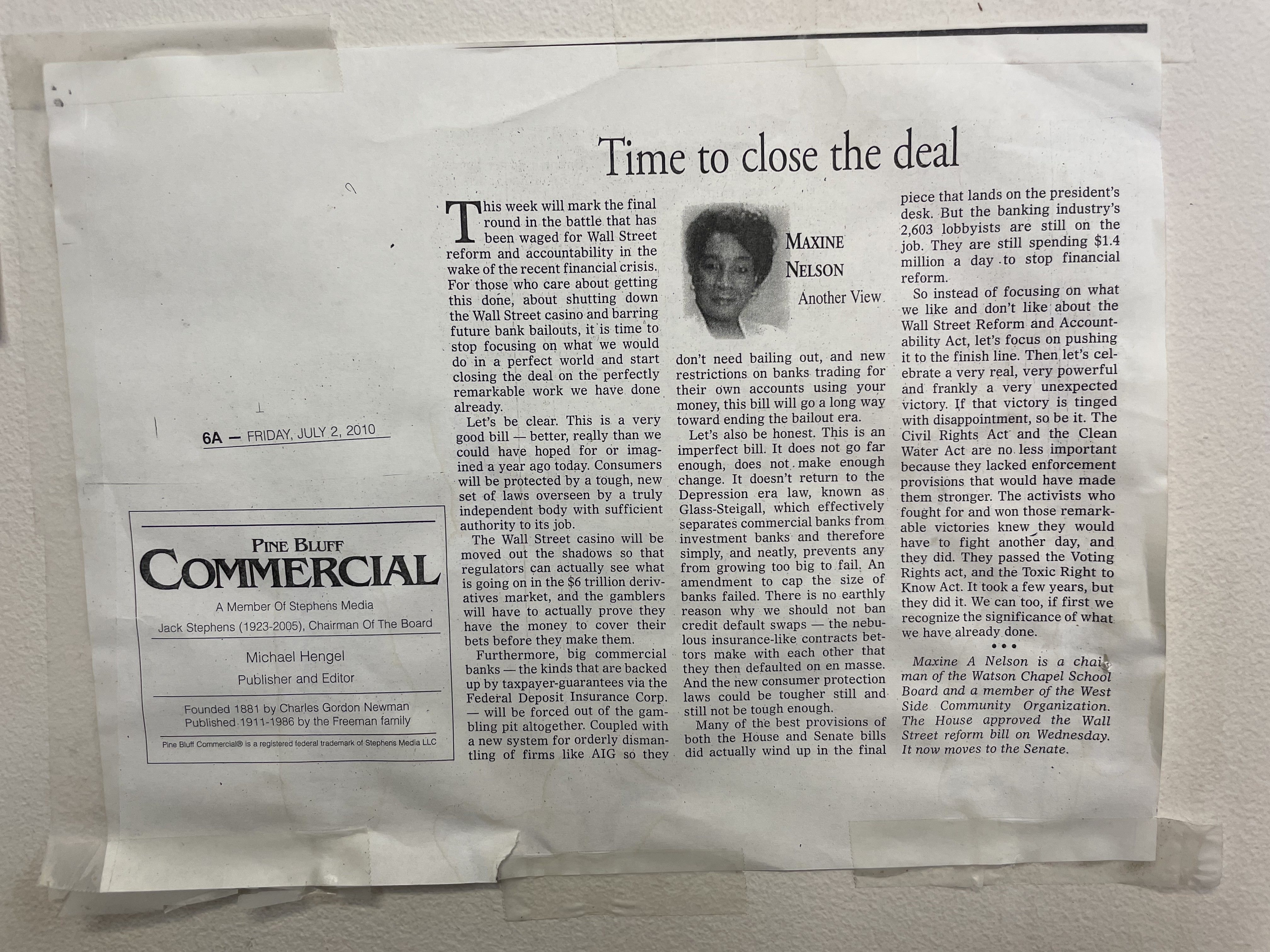 Op-Ed by Pine Bluff ACO leader Maxine Nelson in support of legislation to address the financial crisis, hanging on the wall at the Arkansas Community Organizations (ACO) office in Little Rock, Arkansas.
