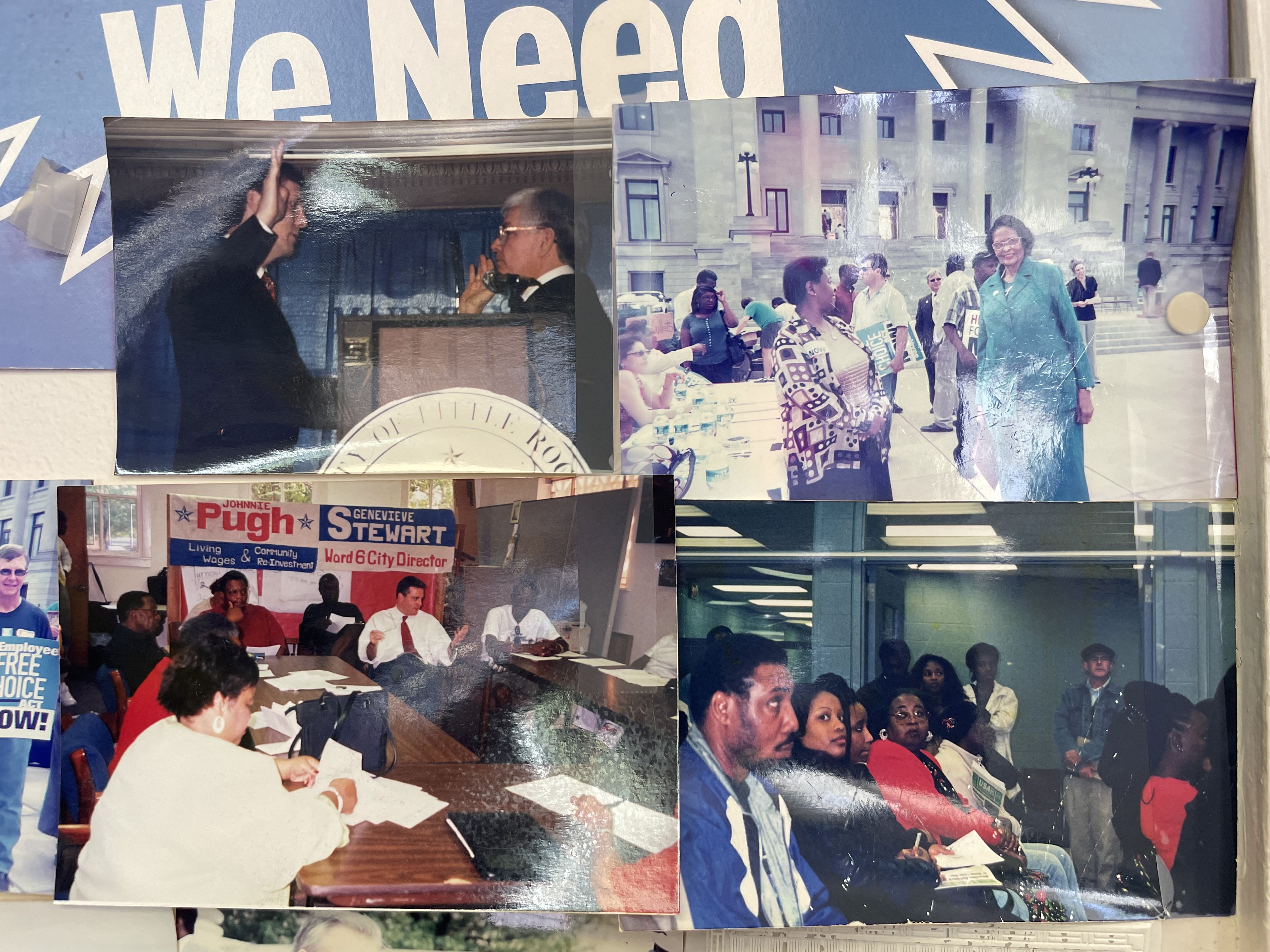 Photographs covering the wall at the Arksansas Community Organizations (ACO) office in Little Rock, Arkansas.