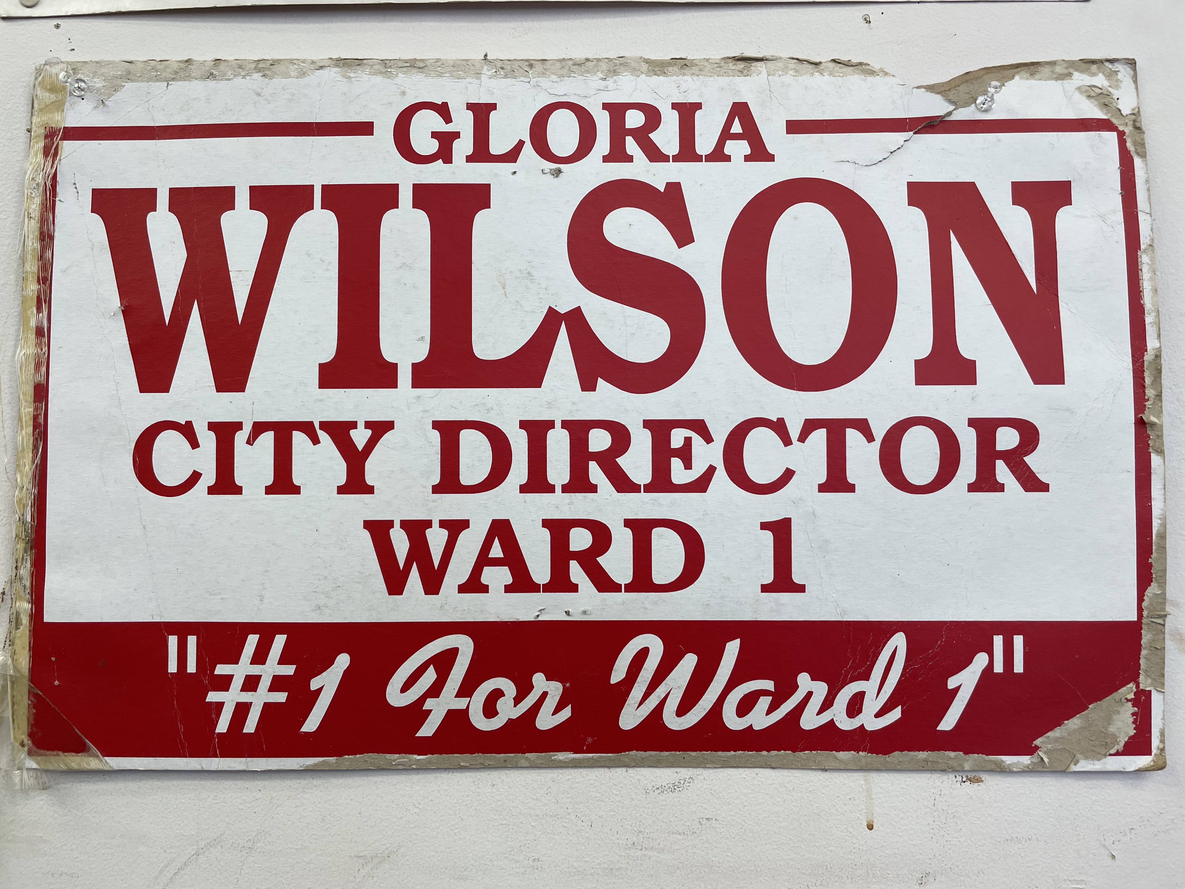 Campaign poster for Gloria Wilson’s City Director run, hanging on the wall at the Arkansas Community Organization (ACO) office in Little Rock, Arkansas.