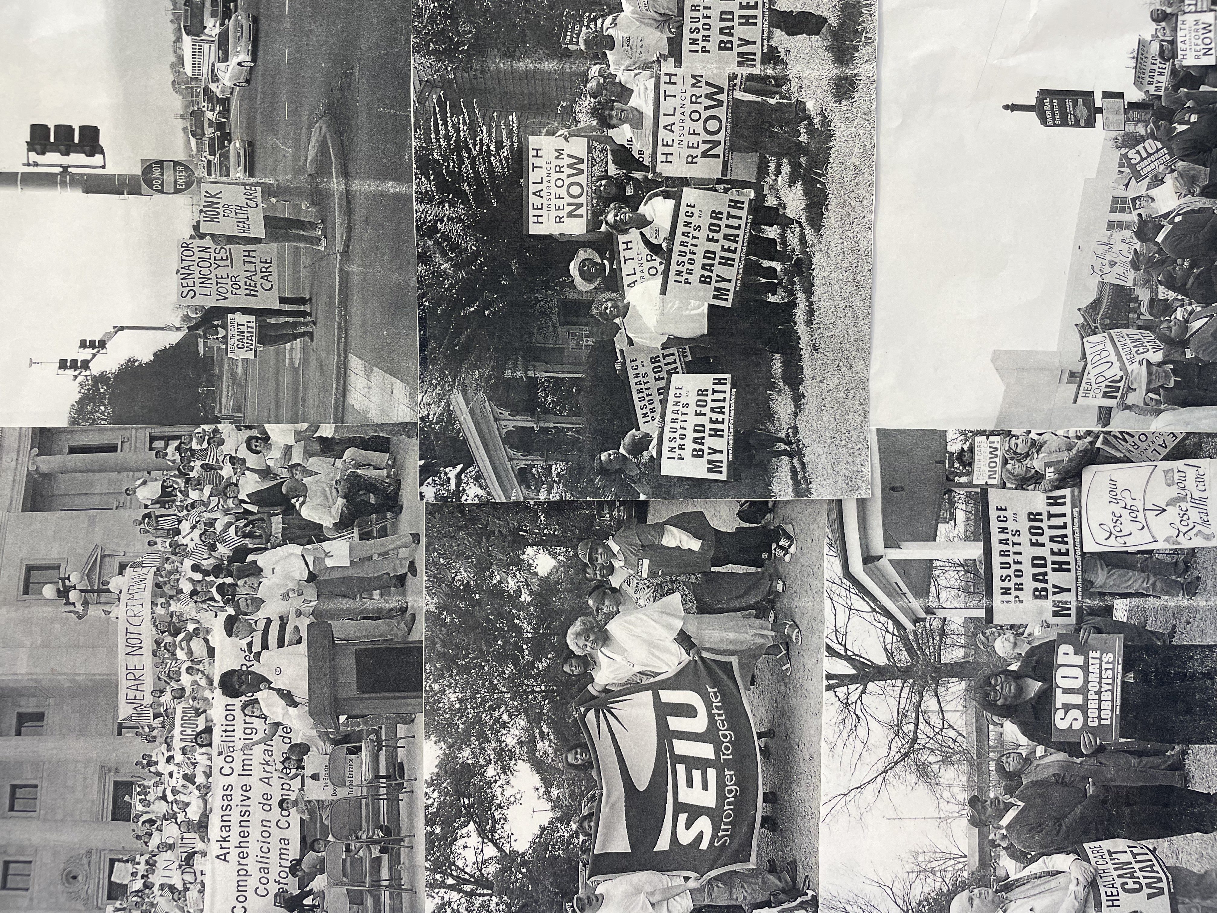 Sereies of photographs of ACORN actions hanging on the wall at the Arksansas Community Organizations (ACO) office in Little Rock, Arkansas.