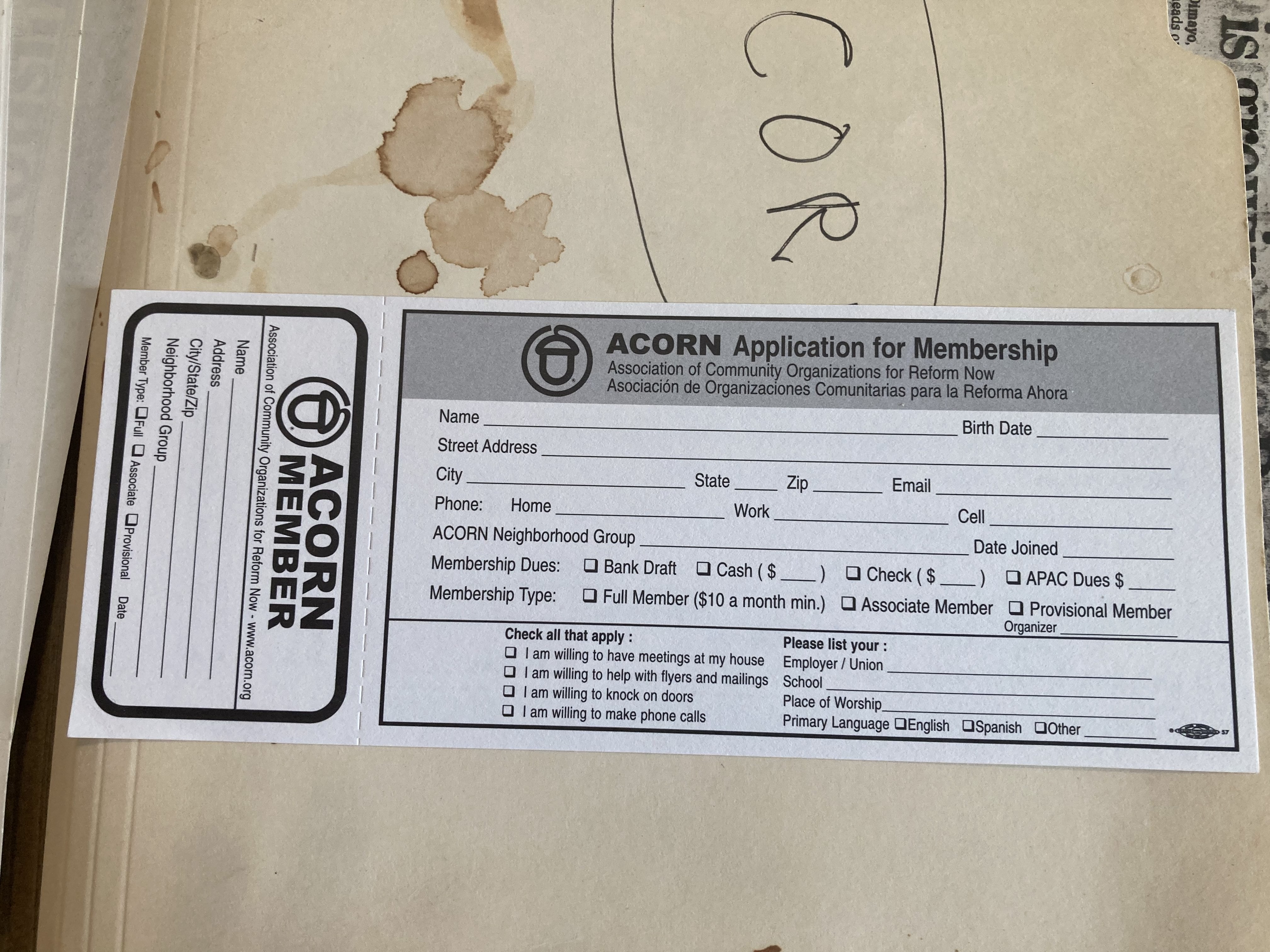 Photograph of an ACORN membership application.
