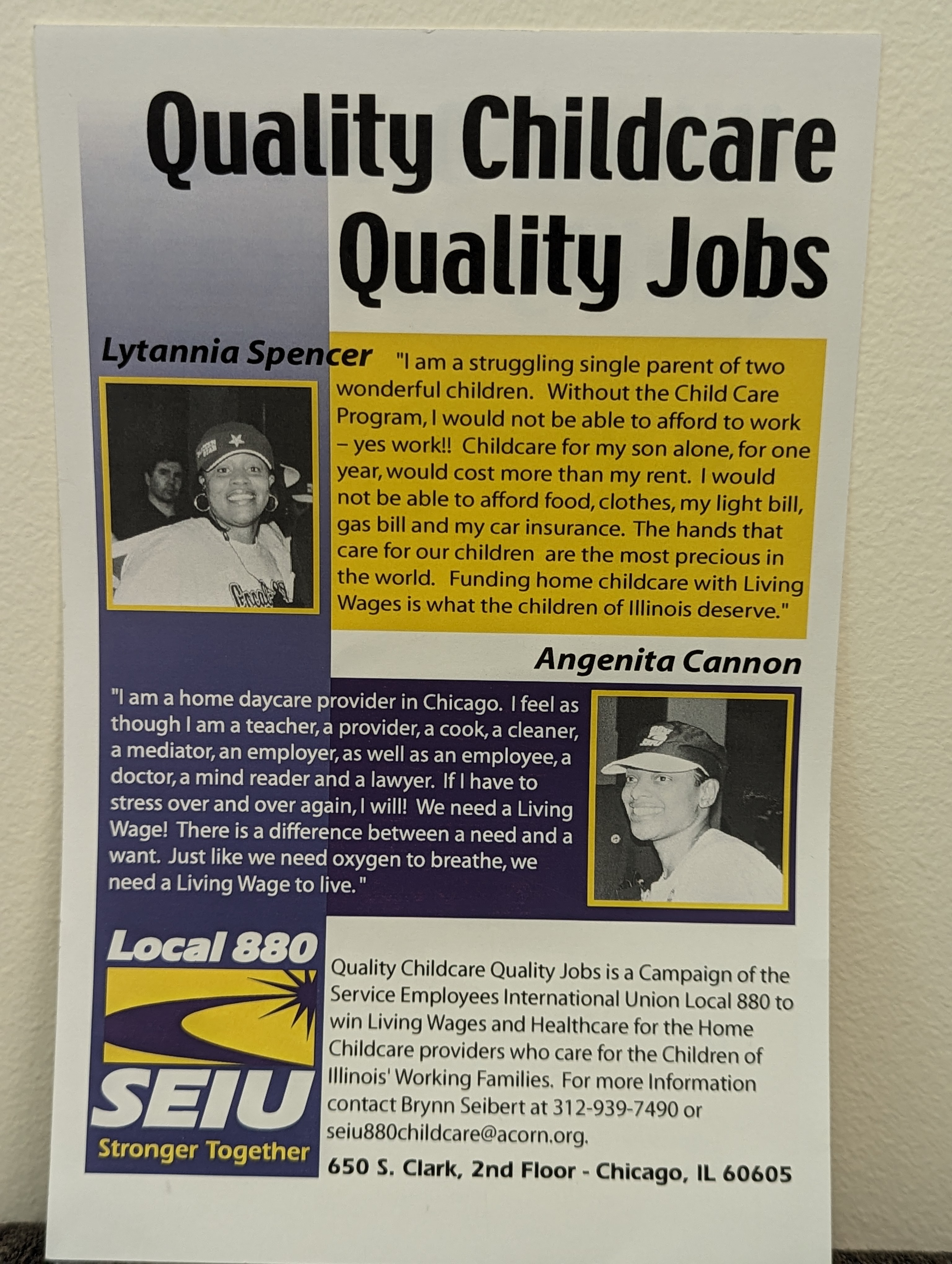 Photograph of an SEIU Local 880 poster featuring a phot of and quote by member/leader Angenita Tanner.