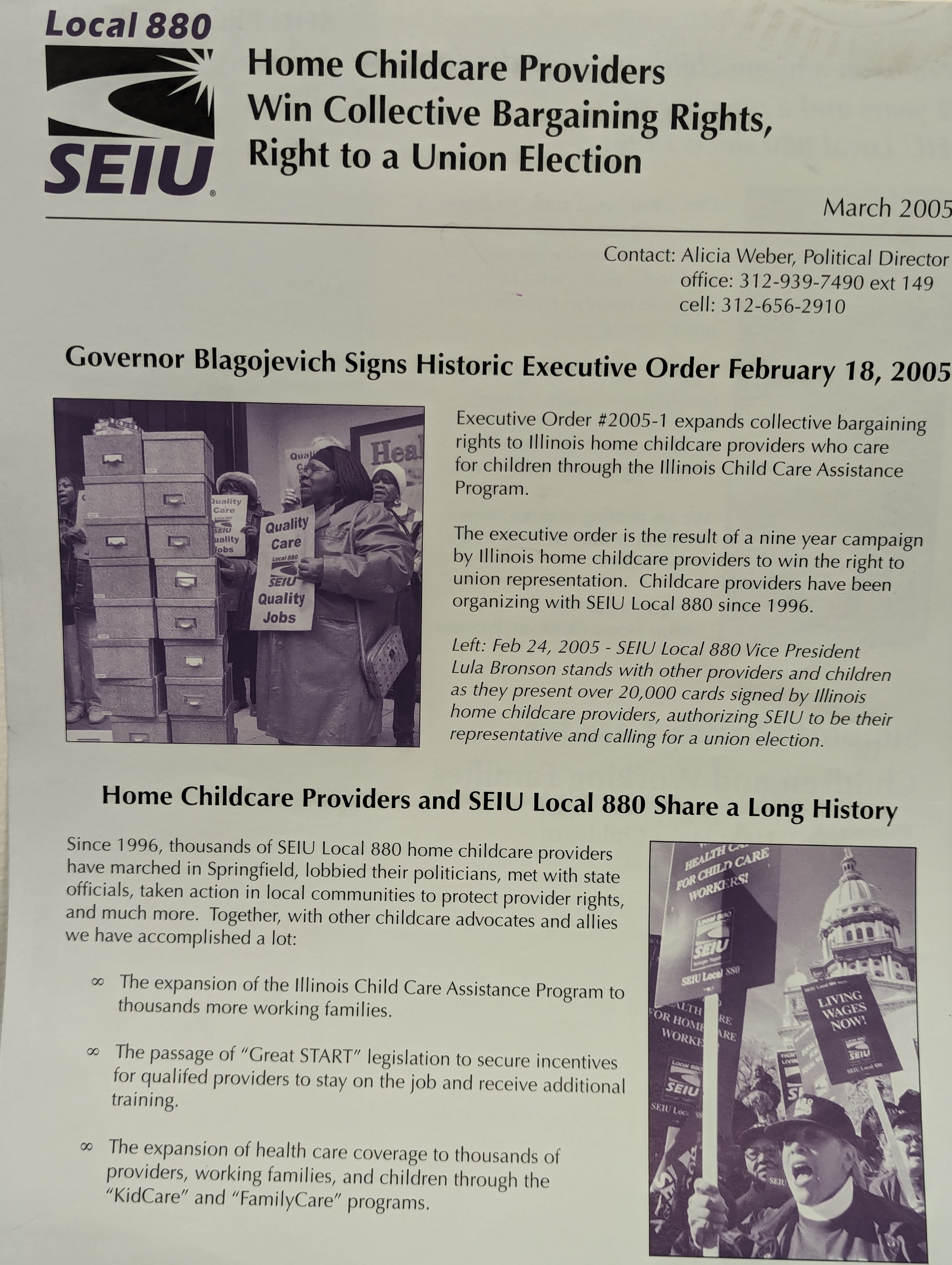 Photograph of an SEIU Local 880 flyer from March 2005 explaining the home childcare providers won collective bargaining rights and the right to a union election.