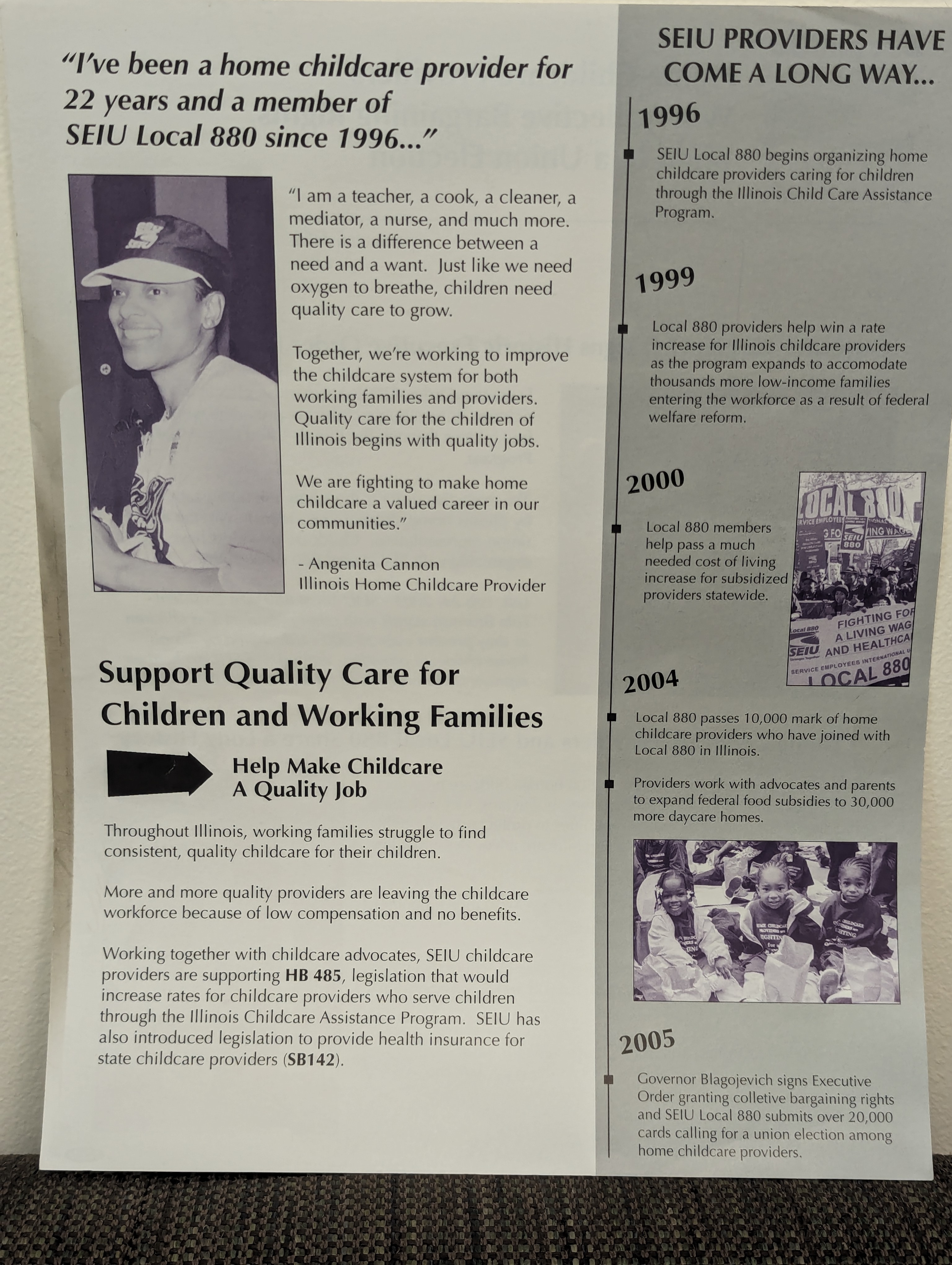 Photograph of an SEIU Local 880 poster featuring a photo of and quote by member/leader Angenita Tanner.