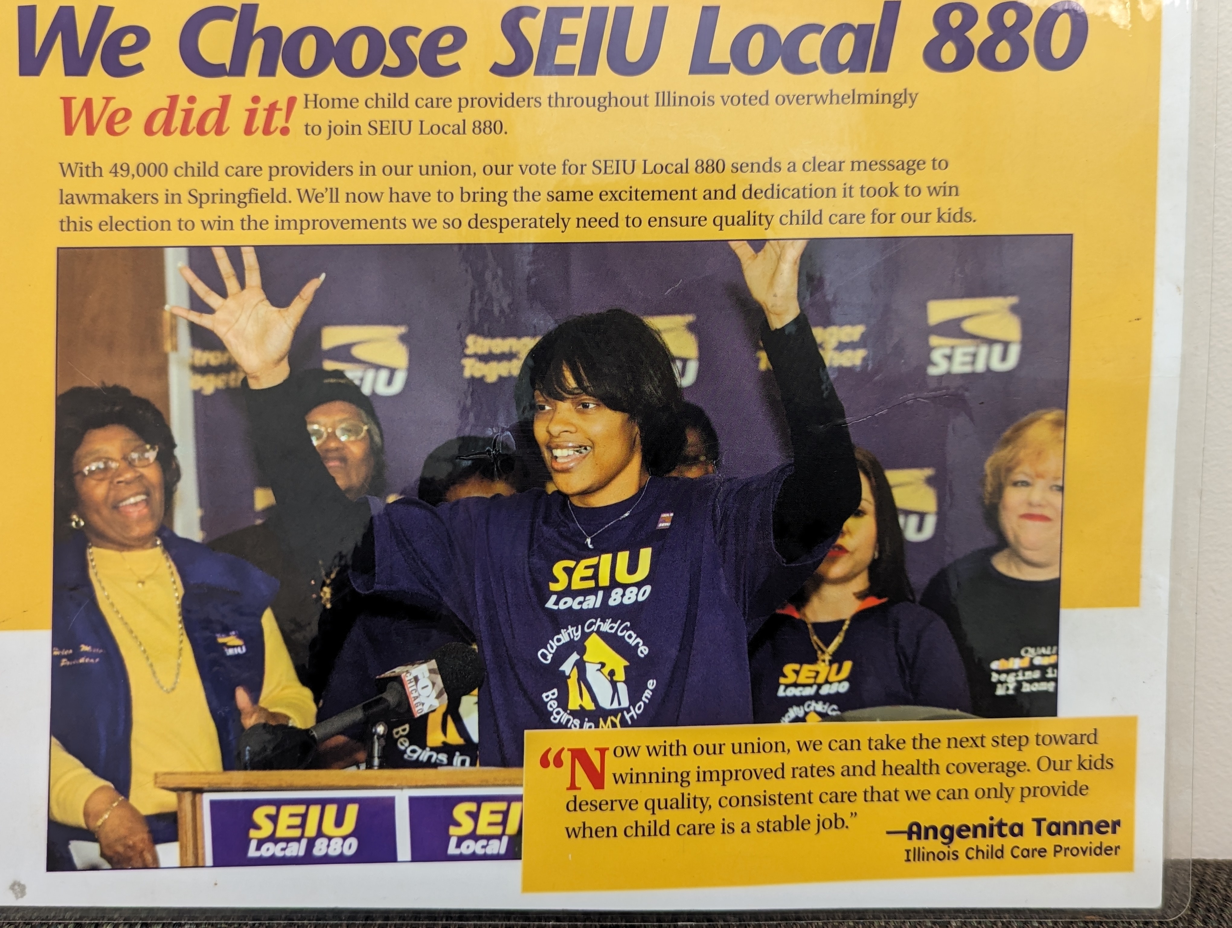 Photograph of a poster celebrating that home childcare providers throughout Illinois voted overwhelmingly to join SEIU Local 880.