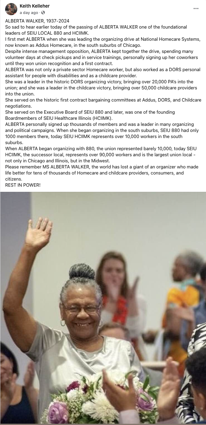 Facebook post by Keith Kelleher in honor of Alberta Walker (1937-2024) after her passing.